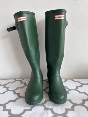 Hunter Green Rain Boots with Red and White Logo